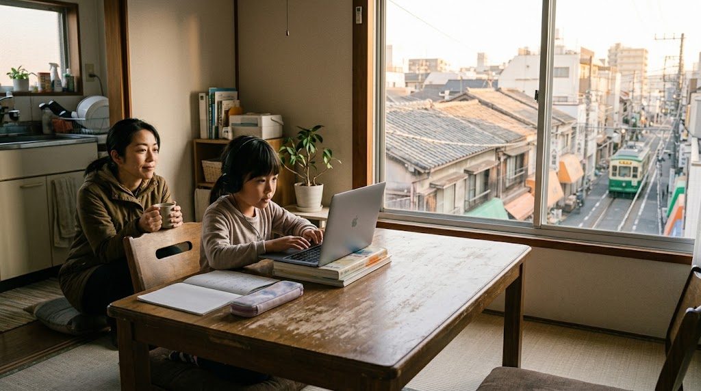 荒川区の自宅のダイニングテーブルで、子どもがタブレットのオンライン授業を受け、そばで親が静かに見守っている様子