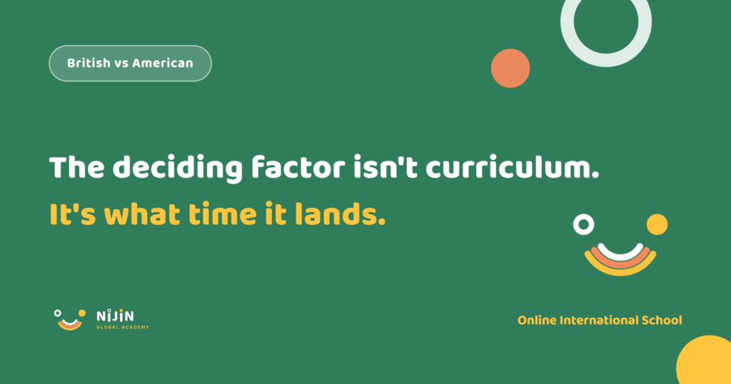 Key visual stating that the choice between British and American online schools is decided by what time lessons land, not by curriculum