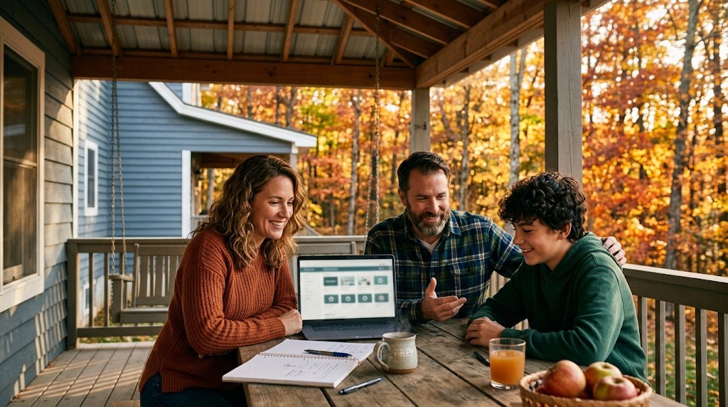 Parents and their teenage son at a porch table with a laptop in autumn, planning which online courses to take