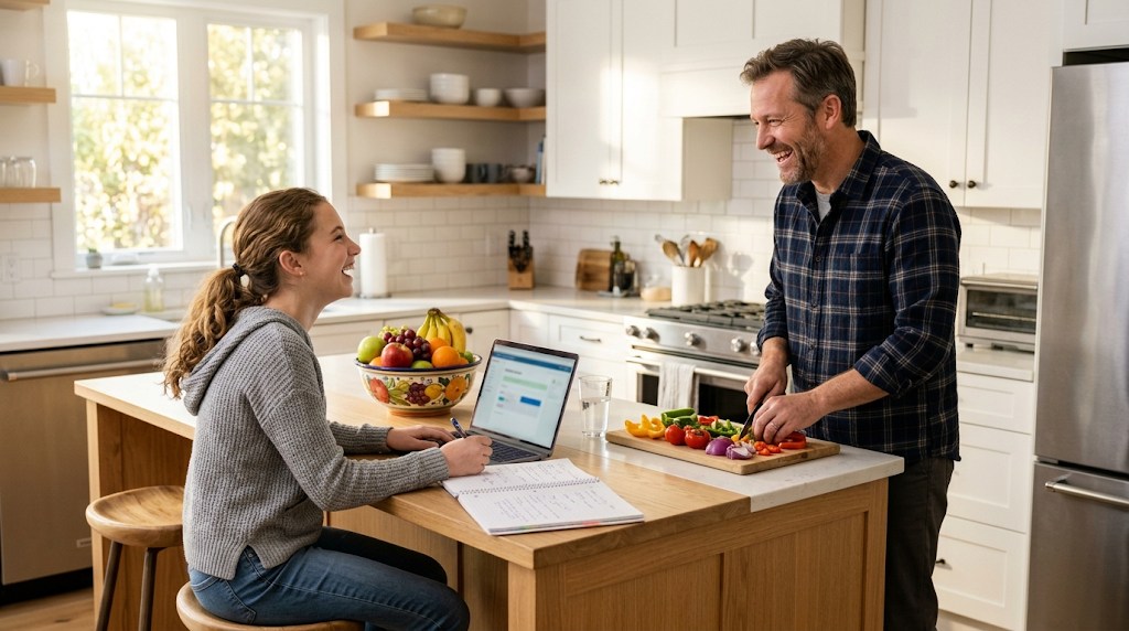 A teenage girl working on an online course at a kitchen island while her father prepares lunch nearby