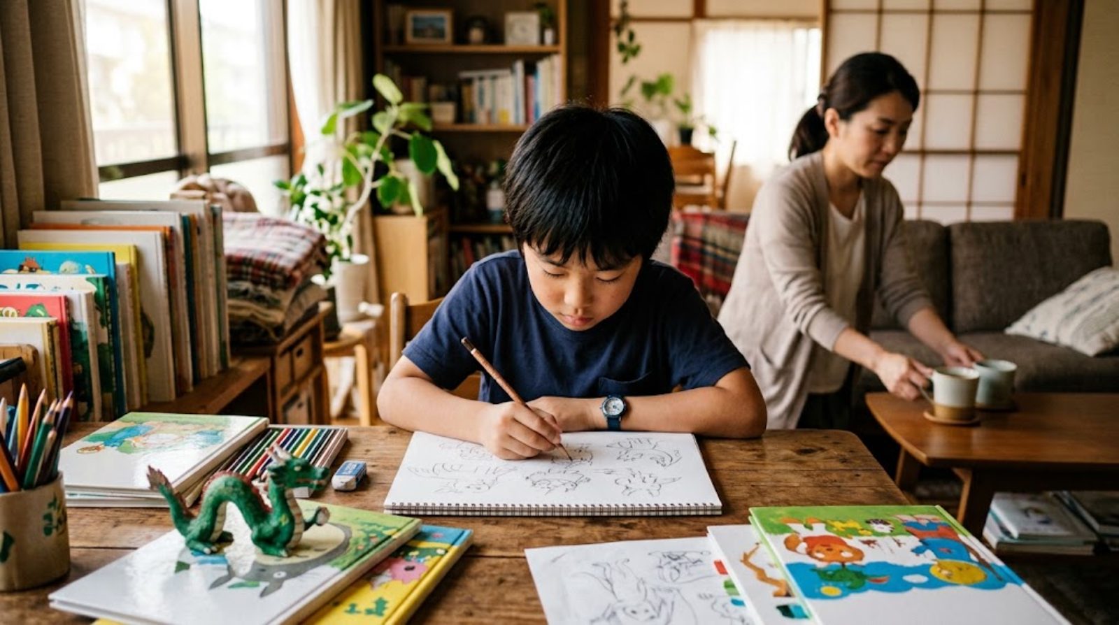 A child absorbed in drawing creatures at a living-room table surrounded by picture books, while a parent quietly sets down a cup of tea