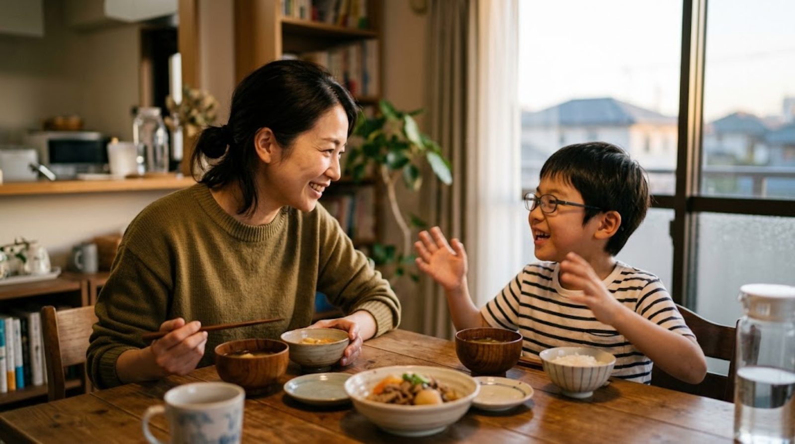 A mother listening as her child talks with animated gestures about something they love, at the family dinner table