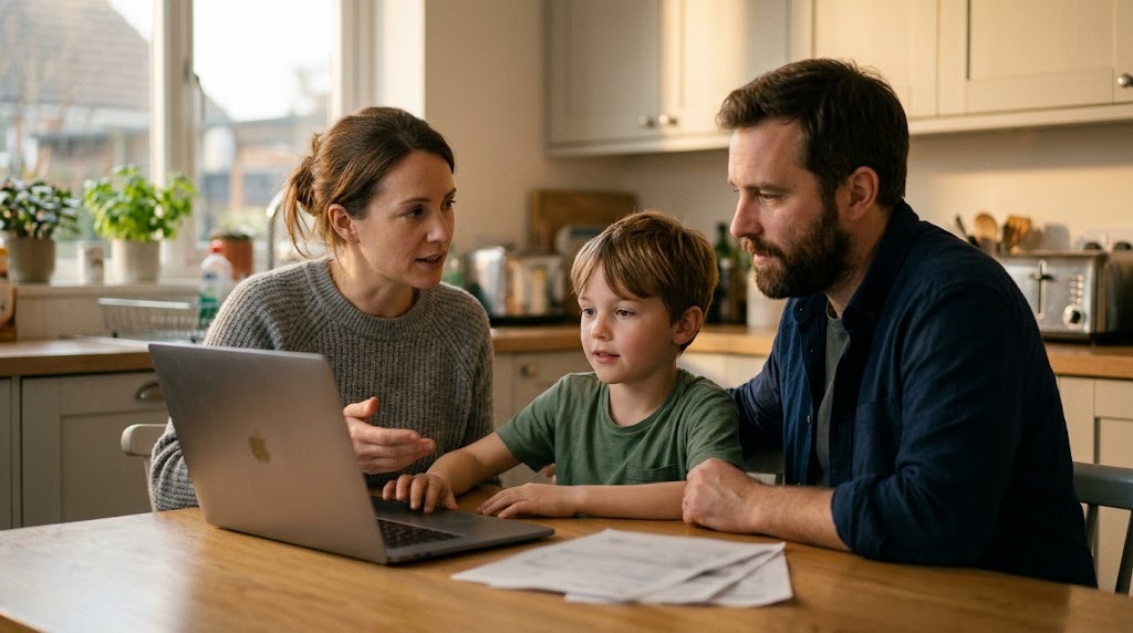 Parents and their young son at a kitchen table with a laptop and papers, talking through a school decision