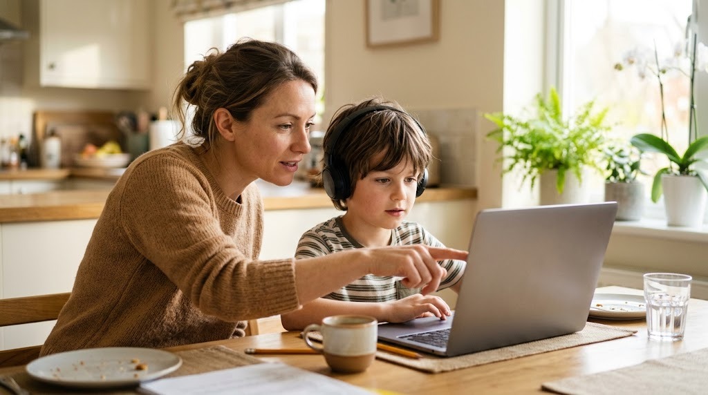 A young boy wearing headphones in an online lesson on a laptop, his mother beside him helping as his learning coach