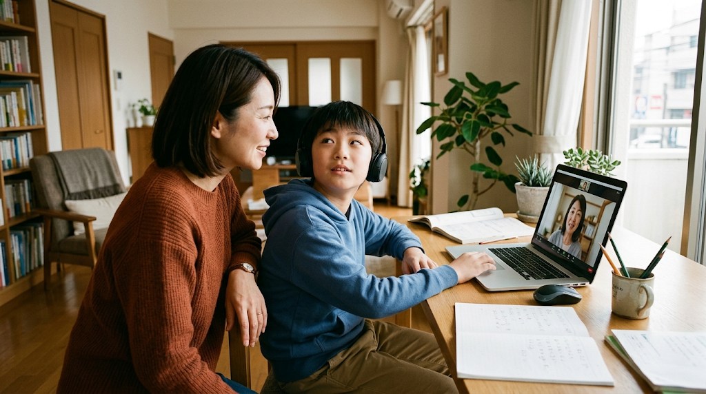 自宅の机でノートパソコンのオンライン授業に参加する小学生の息子と、隣で見守る母親