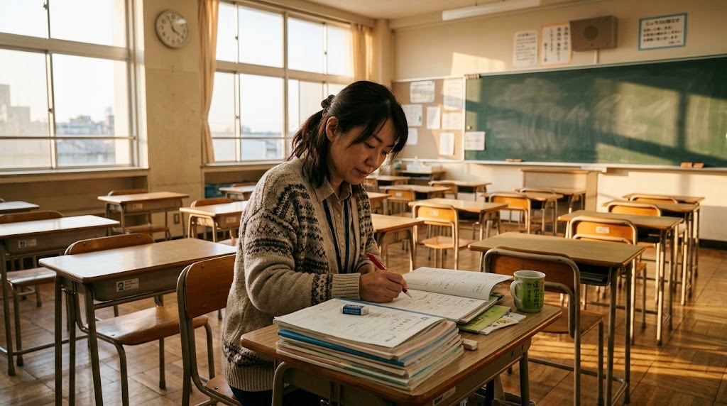 放課後の小学校の教室でノートを赤ペンで採点する教員