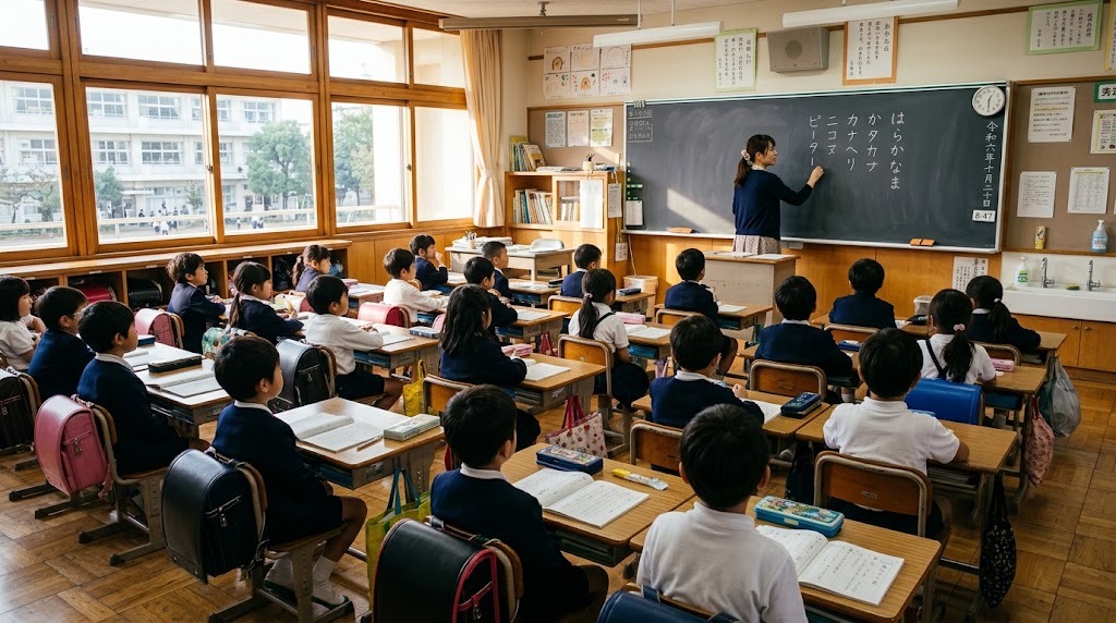 小学校の教室で黒板の前に立ち授業をする女性教員と着席する児童