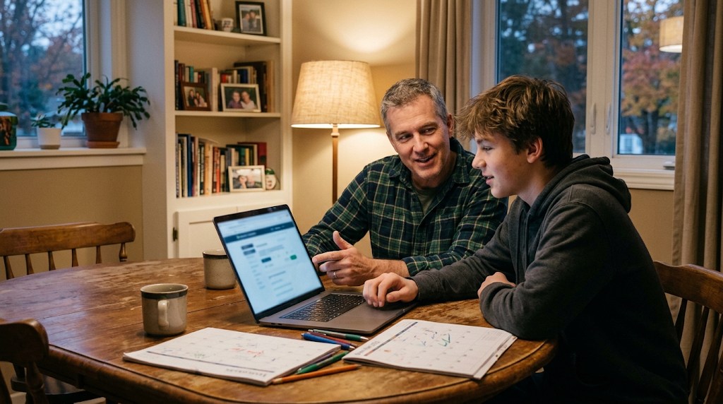 A father and his teenage son at a dining table with a laptop and a printed calendar, planning high school courses