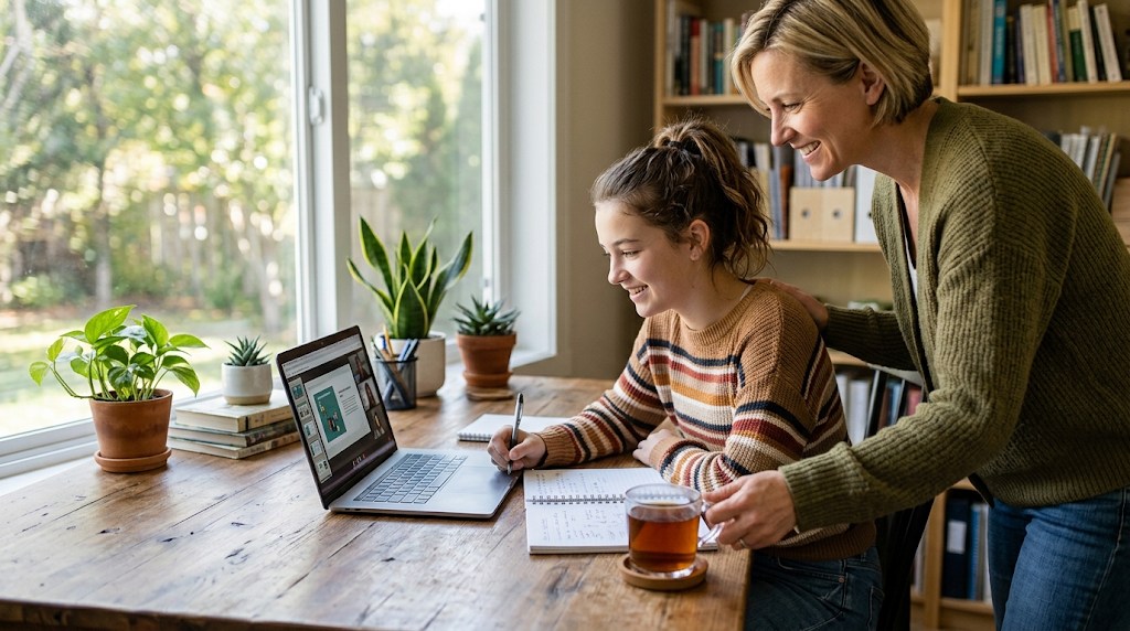 A teenage girl studying on a laptop at a desk by the window as her mother sets down a cup of tea