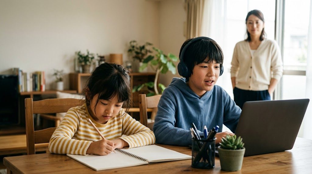 自宅の机に並んで座り、ヘッドホンをつけてオンラインの授業に参加している子どもと、隣でノートに書いているきょうだい