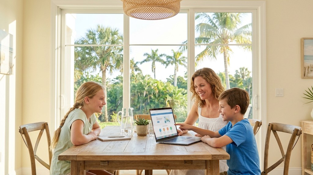 A mother and two children at a dining table in a sunny Florida home comparing school options on a laptop