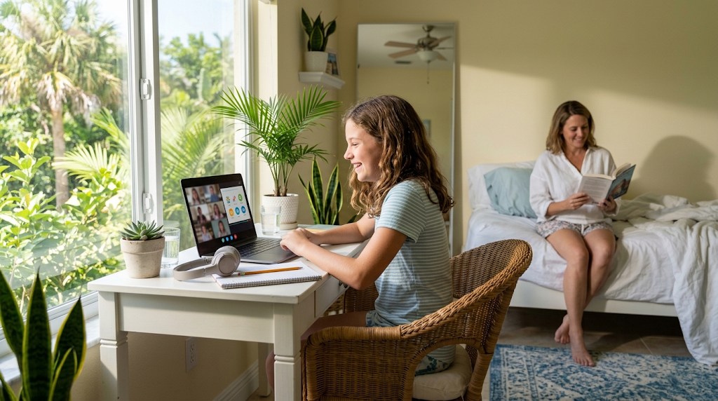 A girl smiling in a live online class at a desk in a sunny Florida bedroom while her mother reads on the bed