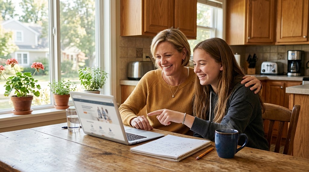A mother and her teenage daughter smiling at a laptop at a kitchen table while comparing online school options