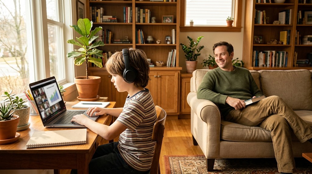 A boy with headphones in a live online class at a home desk while his father relaxes on the sofa nearby