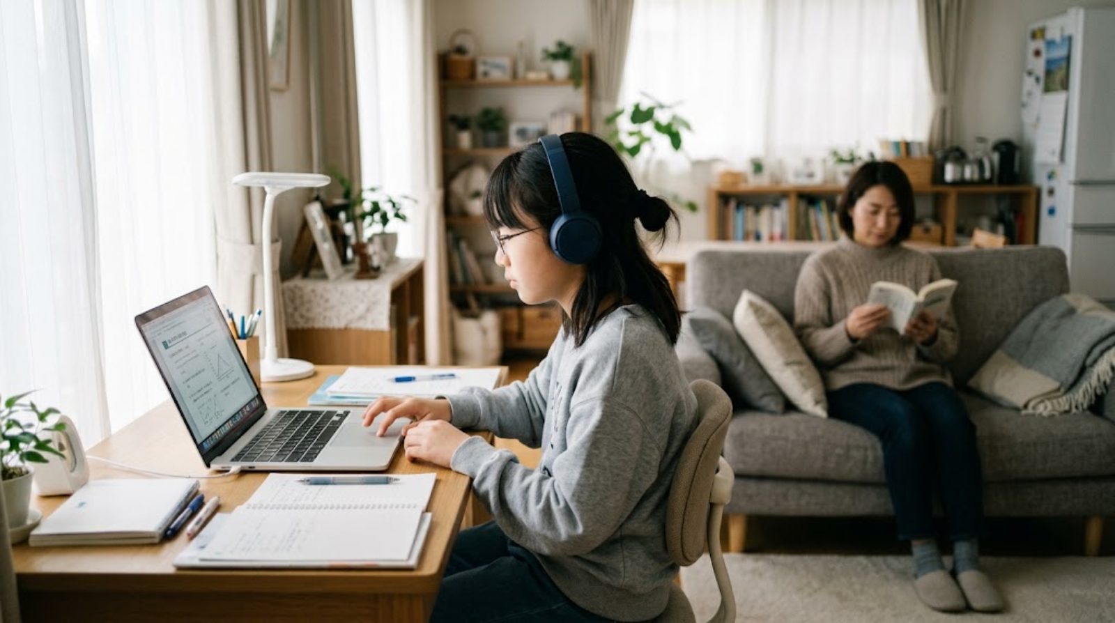 自宅の机でヘッドホンをつけ、自分のペースで学習を進める子どもと、同じ部屋で静かに見守る保護者