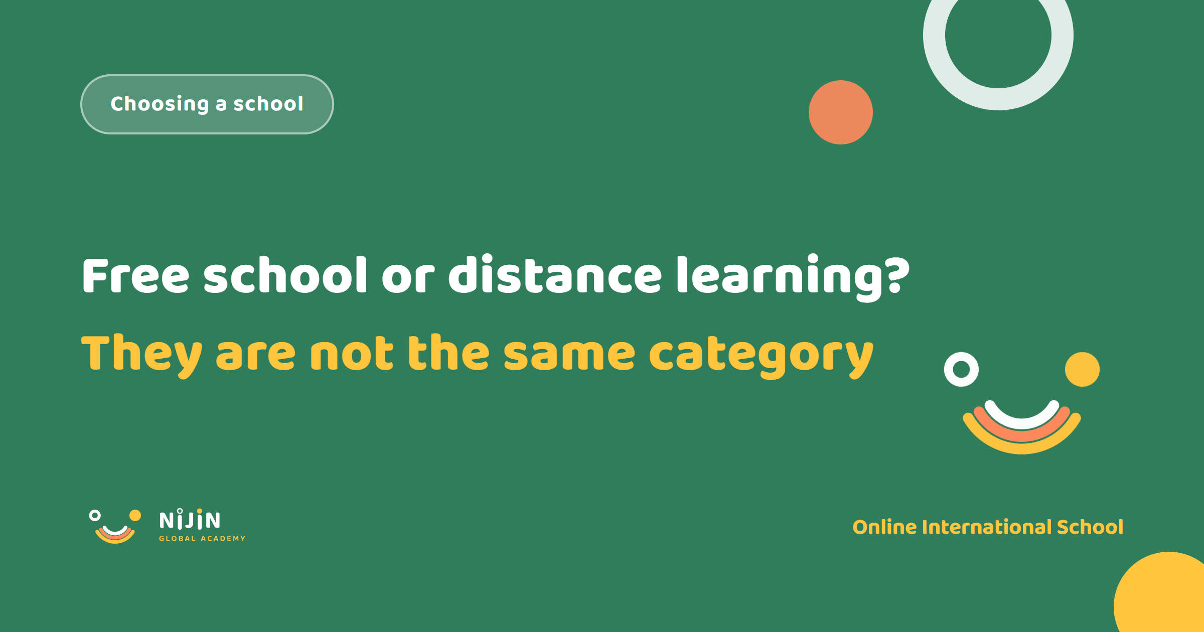Key visual on free school vs distance learning in Japan, labelled Choosing a school, with the line that they are not the same category