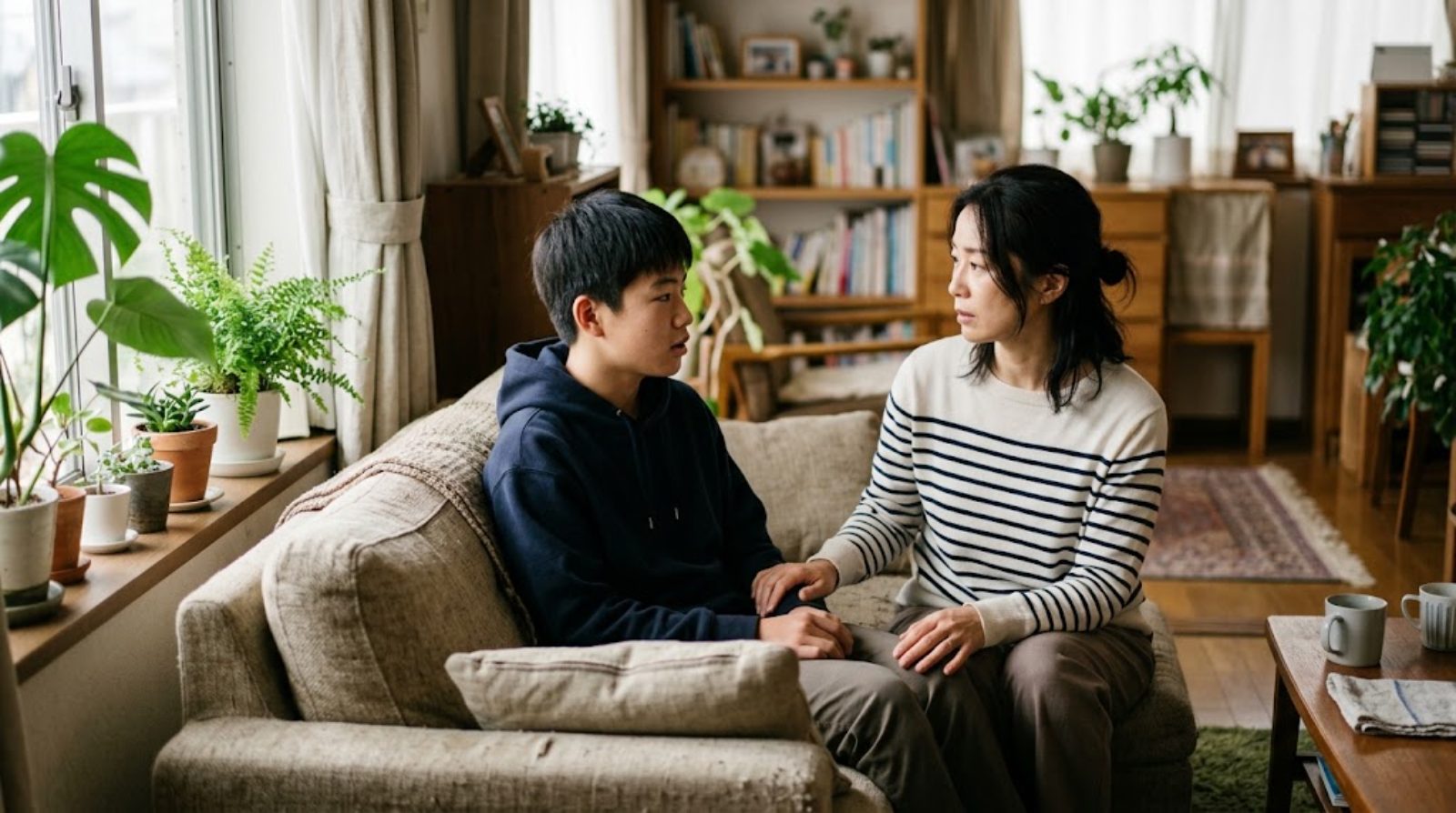 自宅のリビングのソファで向き合い、中高生の子どもの話に耳を傾けている保護者