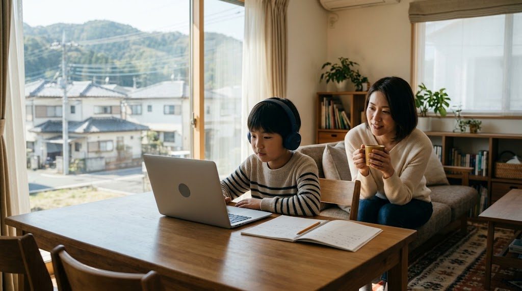 自宅のリビングでノートパソコンを開いてオンライン授業を受ける小学生と、そばで見守る母親の様子