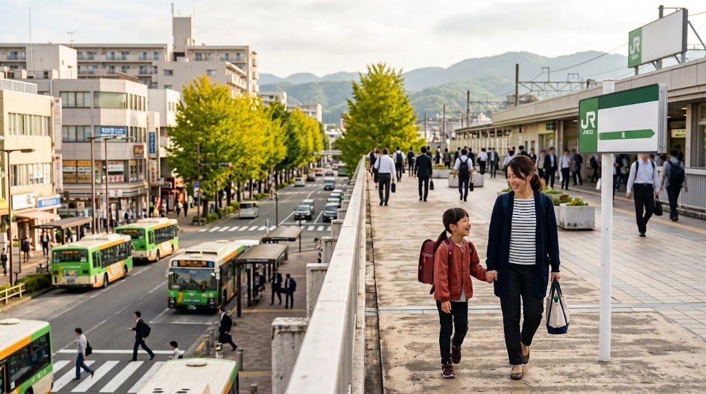朝の八王子駅前で、ランドセルを背負った子どもと母親が電車に乗るために歩いている様子