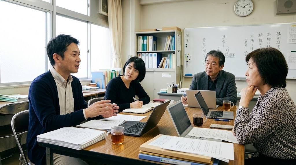職員室のテーブルを囲み、資料を見ながら話し合う4人の教員