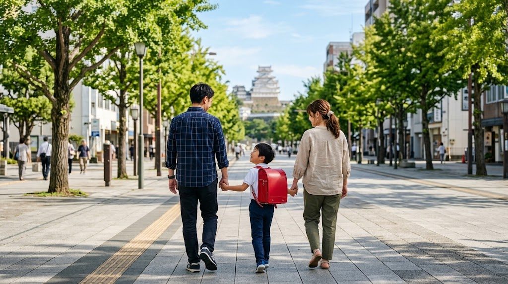 姫路城を遠くに望む並木の大通りを、通学かばんを背負った子どもが両親と手をつないで歩く朝の様子
