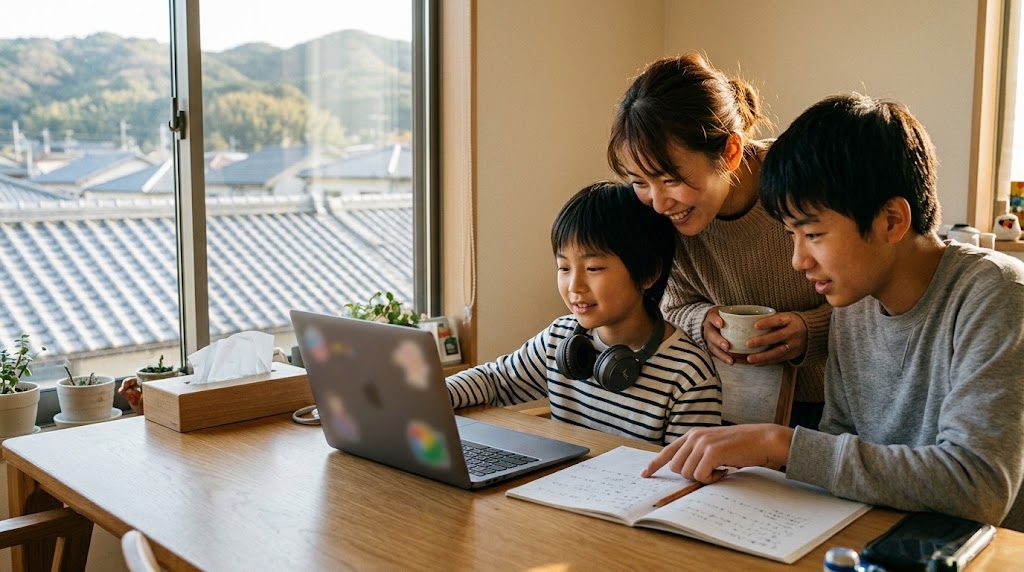姫路の明るい自宅のリビングで、子どもがノートパソコンでオンライン授業を受け、隣の兄と母親が笑顔で見守る様子