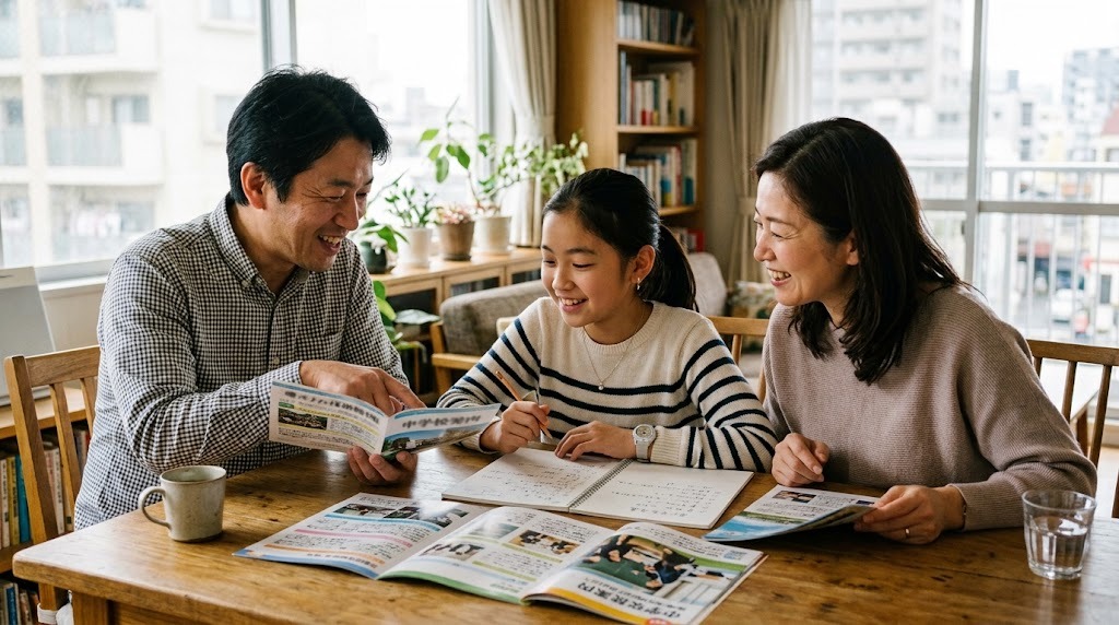 食卓で学校案内を広げ、進学先について話し合う日本人の両親と小学生の娘