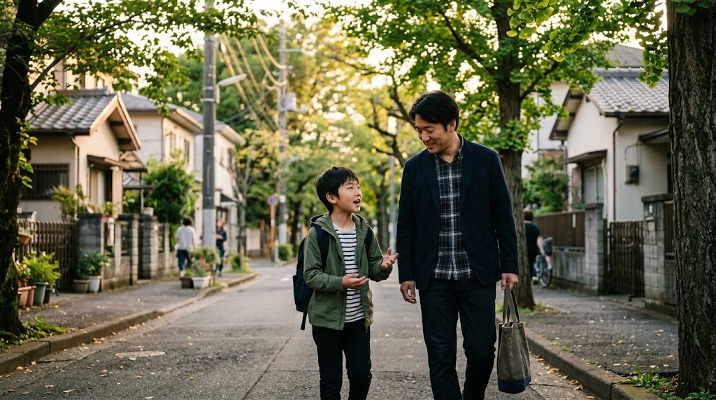 夕方の東京の並木道を並んで歩きながら話す父親と小学生の息子