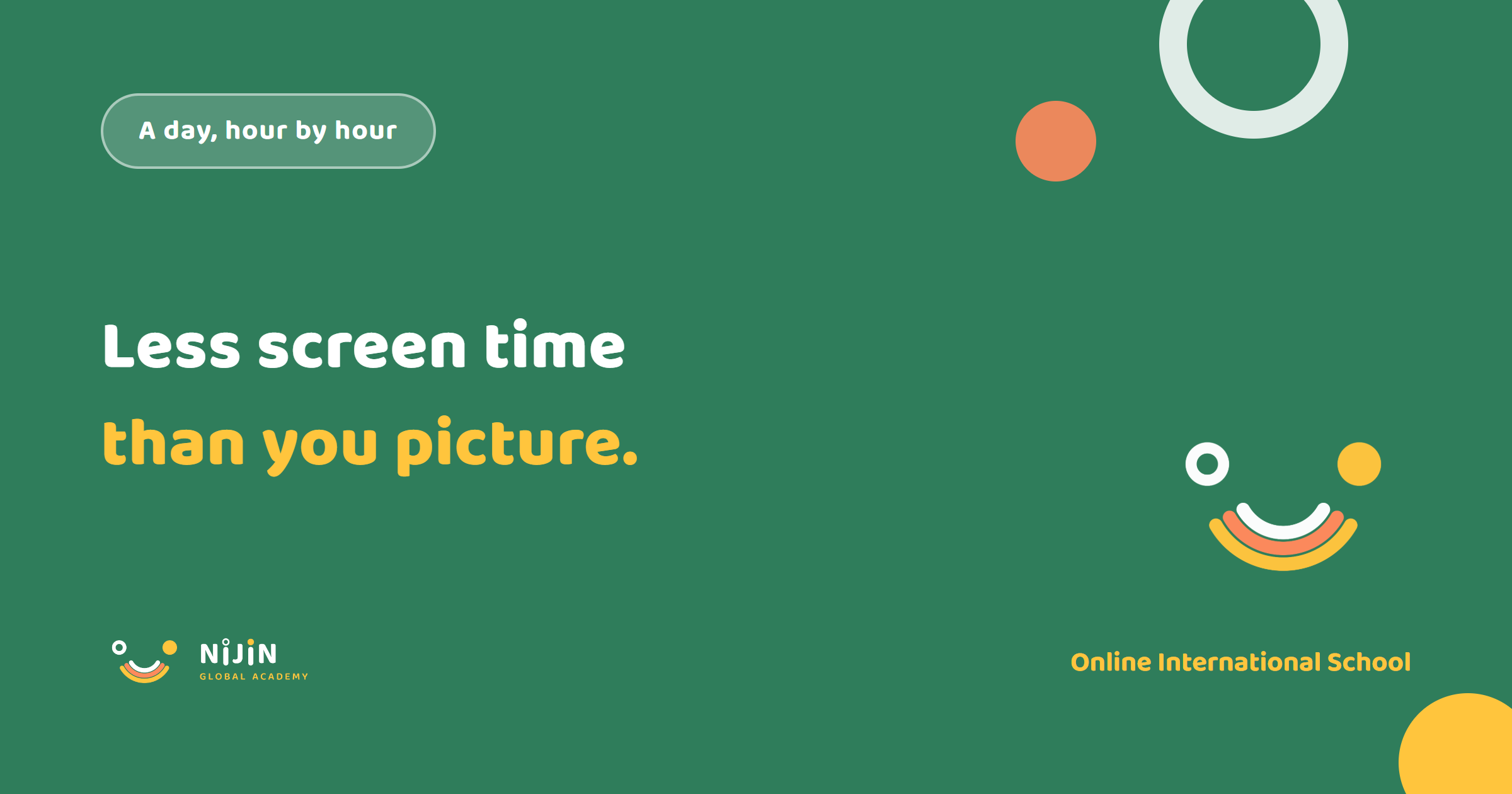 Key visual for an article on a day at an online international school, reading 'Less screen time than you picture.'
