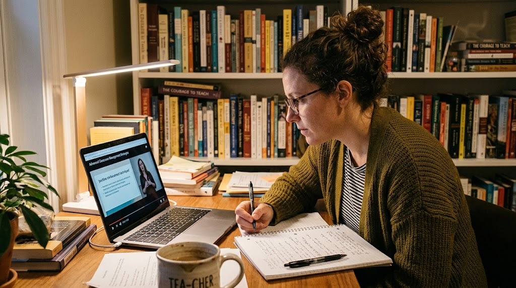 A teacher taking an online professional development course on a laptop at a desk