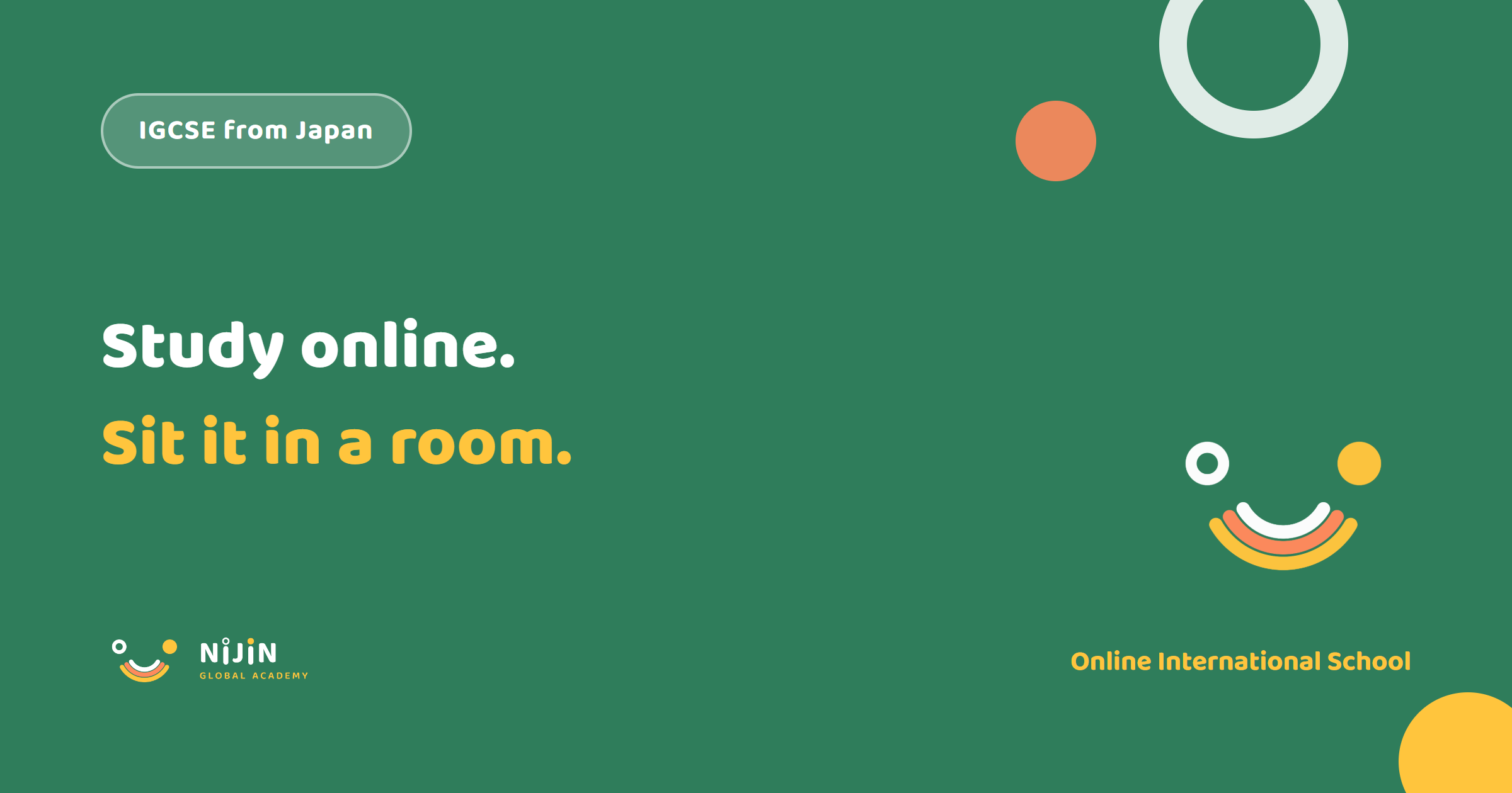 Key visual for an article on taking IGCSE online from Japan, reading 'Study online. Sit it in a room.'