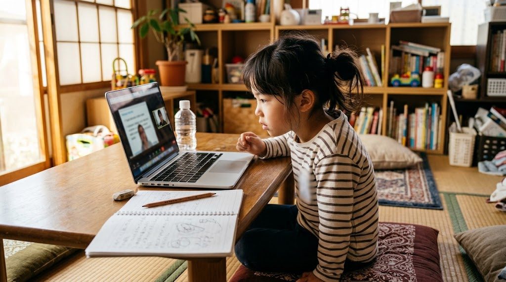 日本の家庭のリビングで小学生の子どもがノートパソコンに向かい英語の授業を受けている温かい情景
