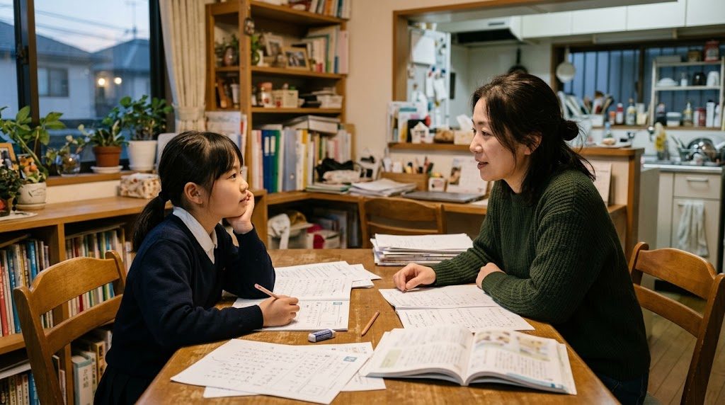 放課後に日本の家庭のダイニングで親子が学校の資料を見ながら進路について話している温かい情景