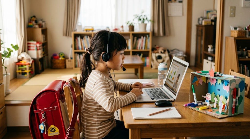 夏のサマースクールを終えた小学生の子どもが、日本の家庭のリビングでノートパソコンに向かい英語のオンライン授業を受けている温かい情景