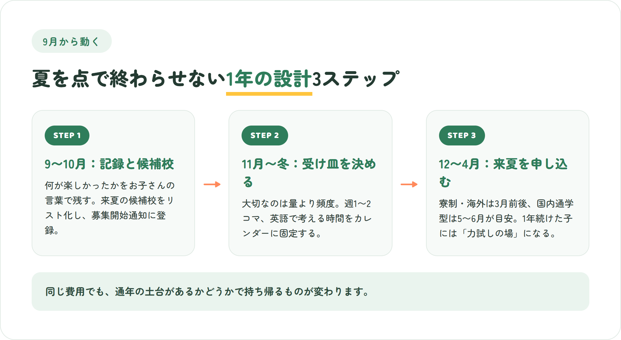 サマースクール後の1年設計3ステップ(9-10月に記録と候補校リスト・冬に通年の受け皿を決める・12-4月に来夏を申し込む)の図解