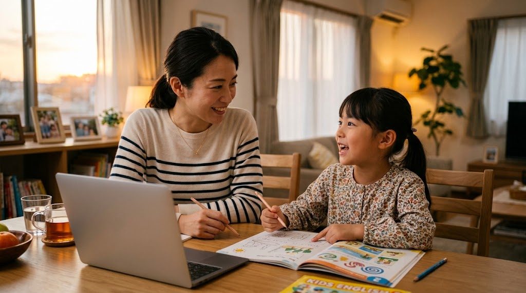 夏休み明けの夕方、日本の家庭のダイニングで親子が英語の教材を一緒に見ながら穏やかに話している温かい情景