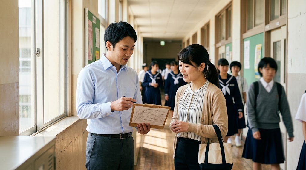 校内の廊下で印刷した予定表を一緒に確認する2人の教員