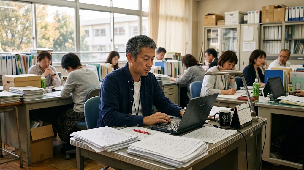 職員室の自席で給与関係の書類を確認する教員