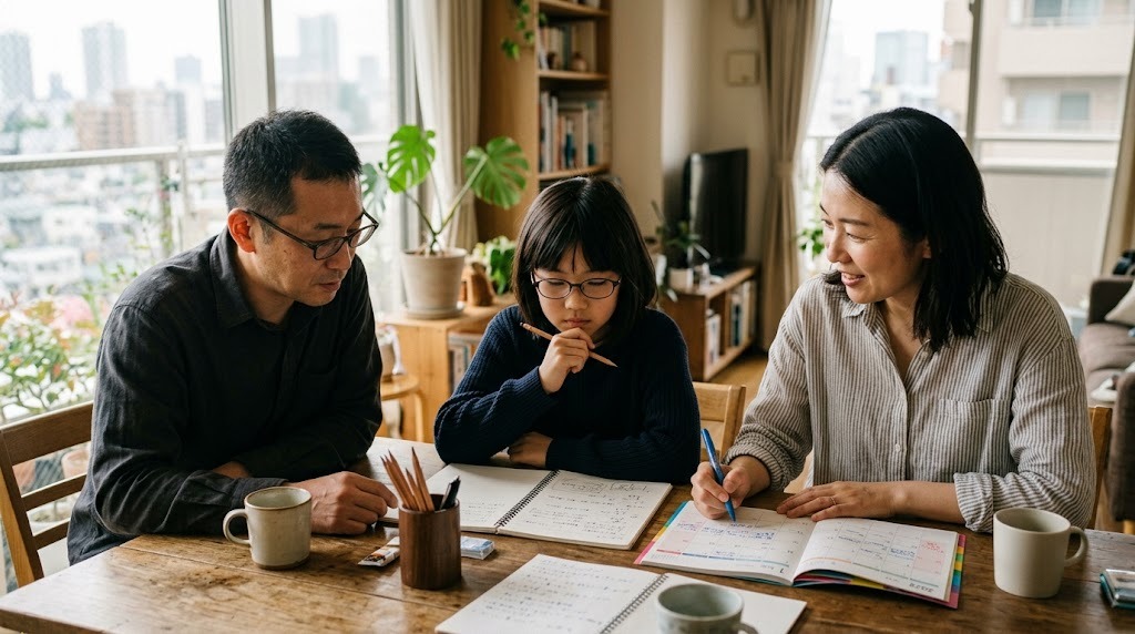 食卓でノートとカレンダーを広げ、両親と一緒にこれからの学び方を考える小学生の娘