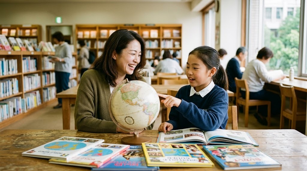 明るい図書館で地球儀と本を見ながら話す母親と小学生の娘