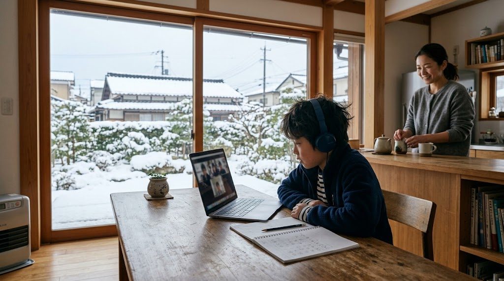 金沢の自宅のダイニングで、小学生の子どもがノートパソコンでオンライン授業を受け、母親が近くから穏やかに見守る様子