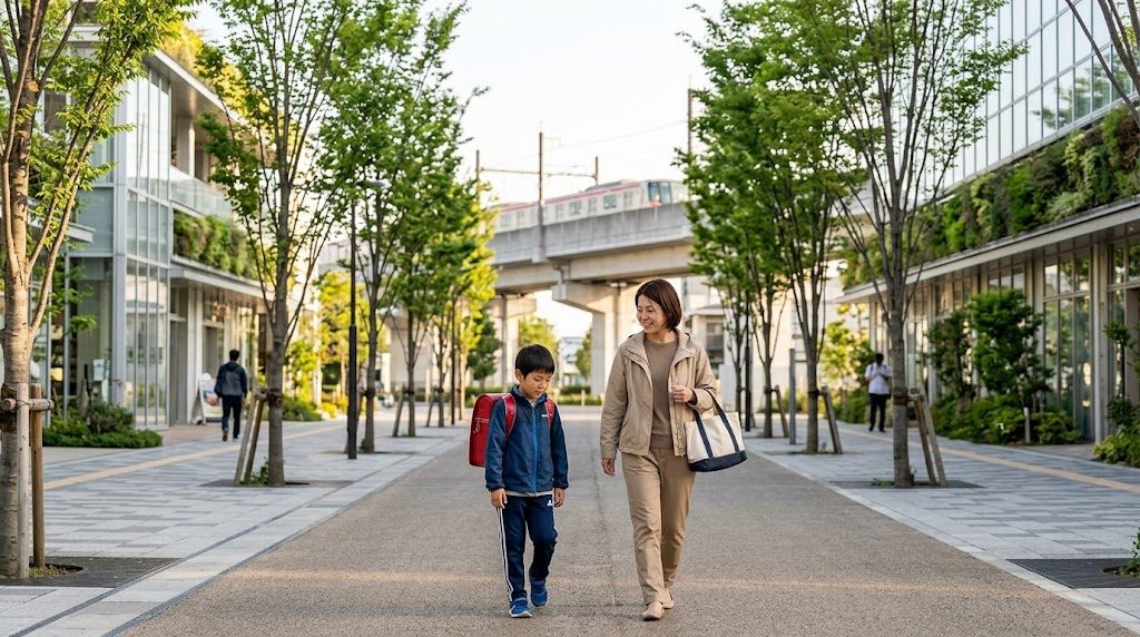 柏の葉キャンパス駅前の広い並木道を、通学かばんを持った子どもと母親が並んで歩く朝の様子