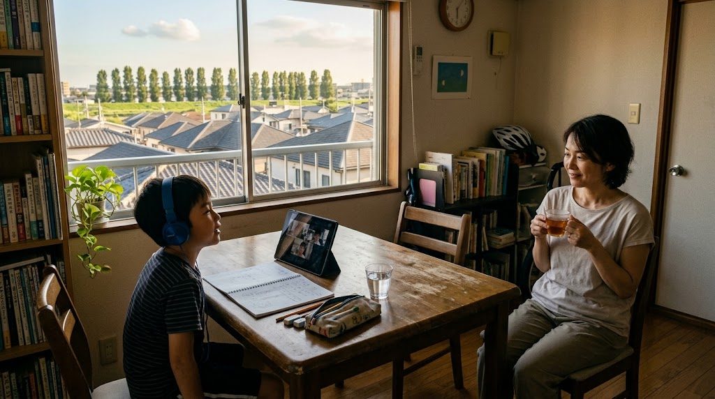 A child joining an online class on a tablet at a dining table in a Katsushika apartment while a parent sits nearby listening
