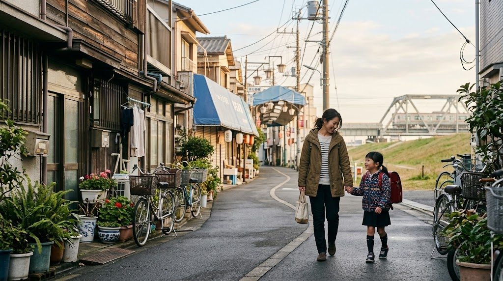 A parent and child with a school backpack walking along a low-rise residential street in Katsushika Ward, Tokyo, with a river embankment and railway bridge in the distance