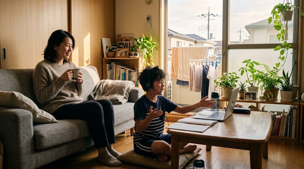 自宅のリビングでノートパソコンに向かい、画面越しの先生と話す小学生と、隣で見守る保護者
