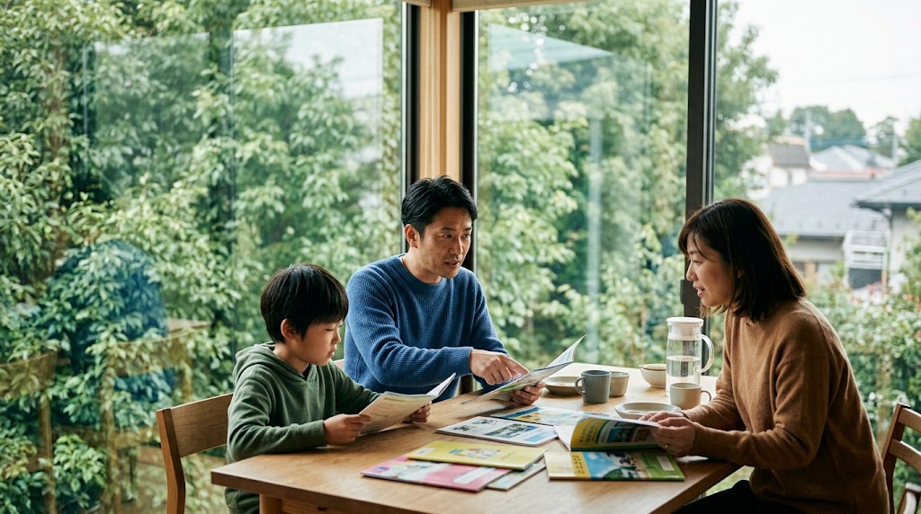 緑の木々が見える大きな窓辺のテーブルで、学校案内の冊子を広げて話す両親と小学生の息子