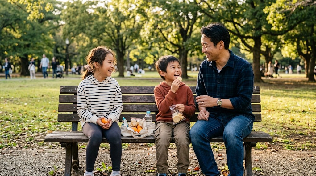午後の公園のベンチでおやつを分け合いながら話す父親と小学生の姉弟