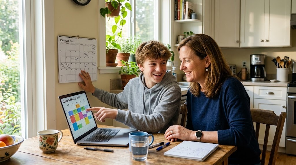 A mother and her teenage son comparing class schedules on a laptop at the kitchen table