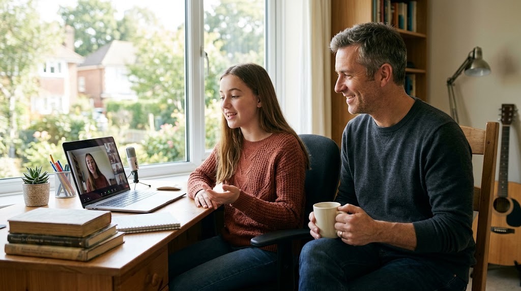 A teenage girl speaking in a live online seminar on a laptop at a desk by the window while her father sits beside her with a coffee mug