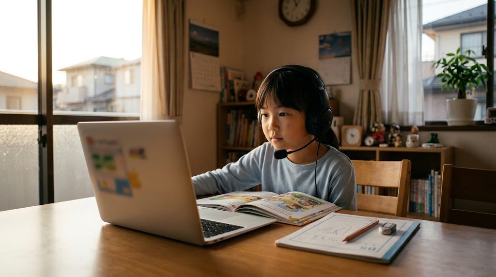 帰国後の日本の自宅でノートパソコンに向かい英語で学ぶ小学生の様子
